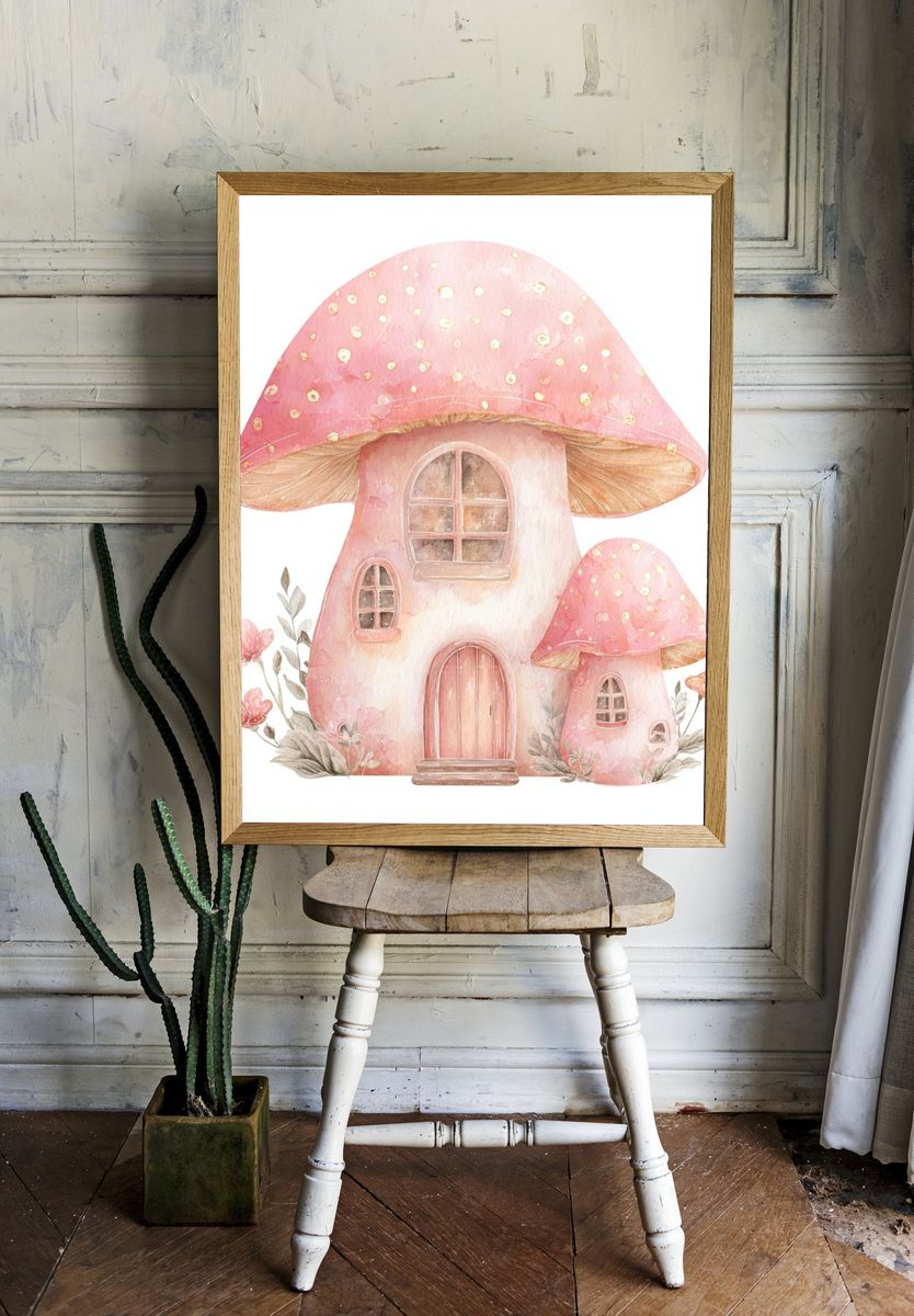 Pink Mushroom Cottage Watercolor Print. — room view 1