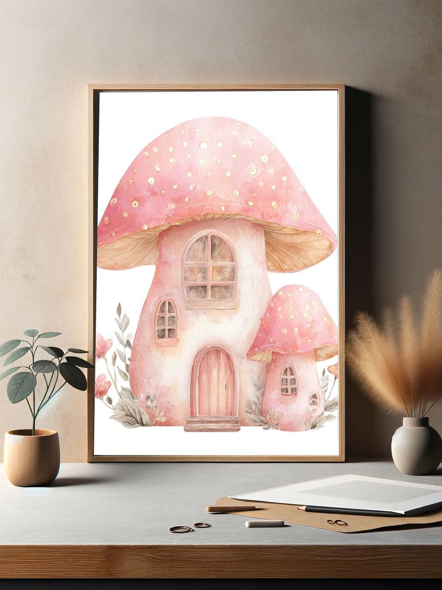 Pink Mushroom Cottage Watercolor Print. — room view 2