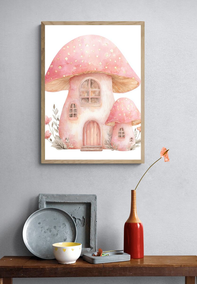 Pink Mushroom Cottage Watercolor Print. — room view 3