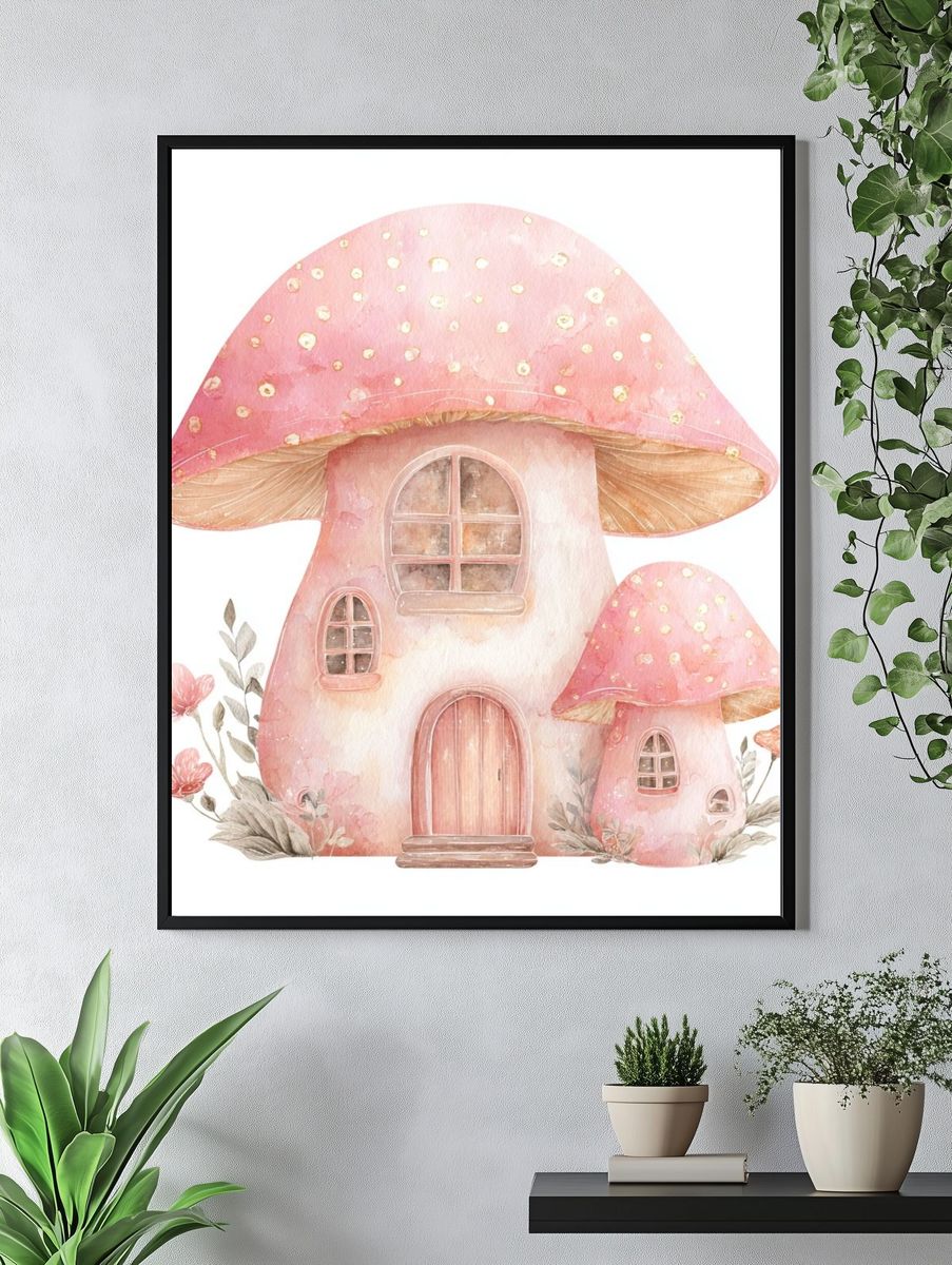 Pink Mushroom Cottage Watercolor Print. — room view 4