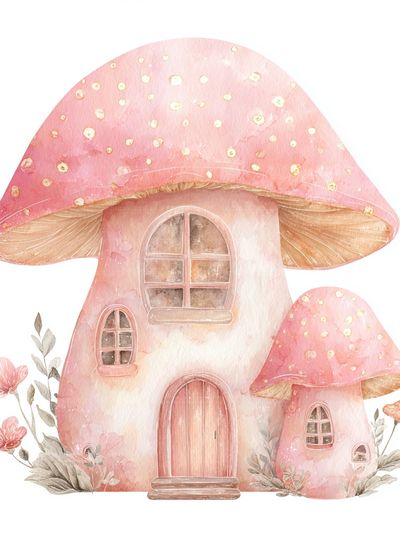 Pink Mushroom Cottage Watercolor Print. poster print