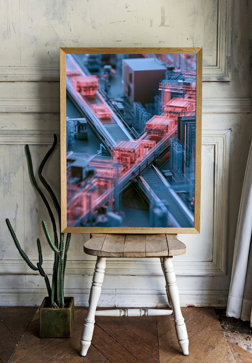 Neon Circuit Cityscape Print. — room view 1