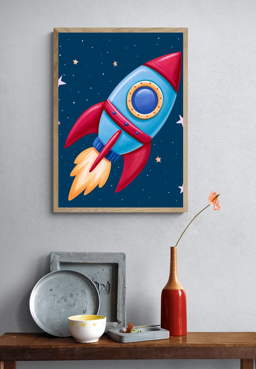 Rocket in Space Illustration Poster. — room view 3