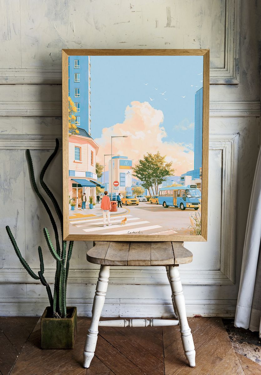 Pastel City Street Illustration Poster. — room view 1