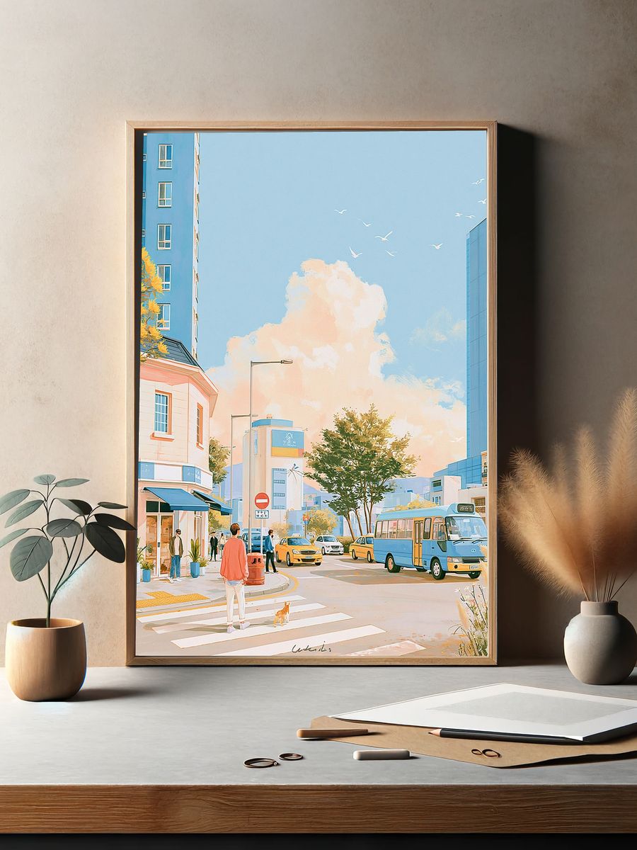 Pastel City Street Illustration Poster. — room view 2