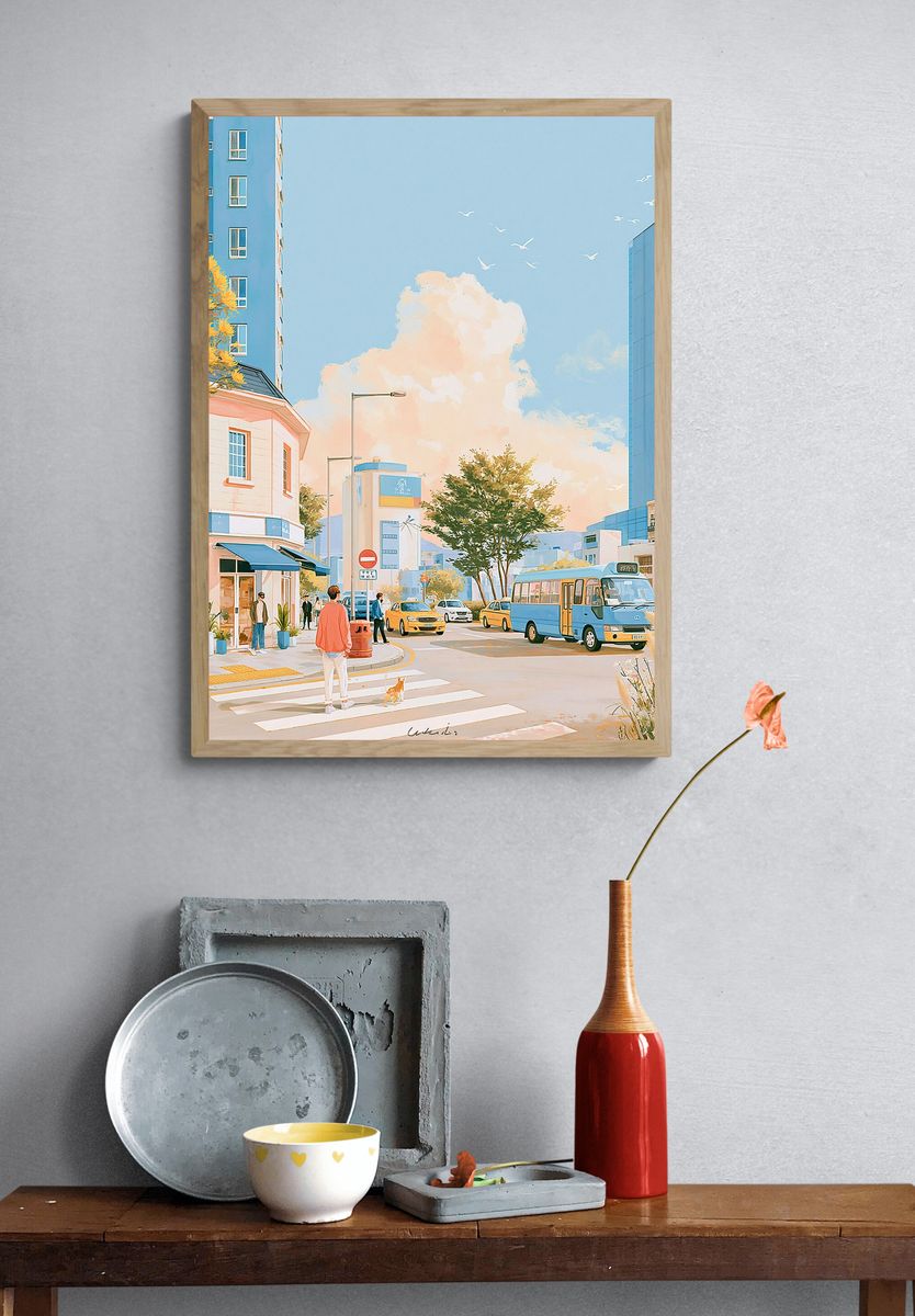 Pastel City Street Illustration Poster. — room view 3