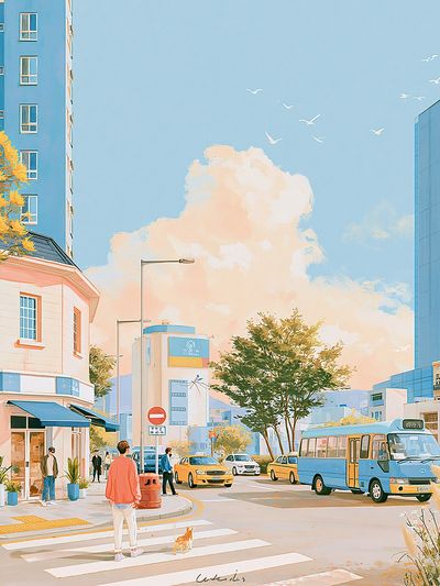 Pastel City Street Illustration Poster.