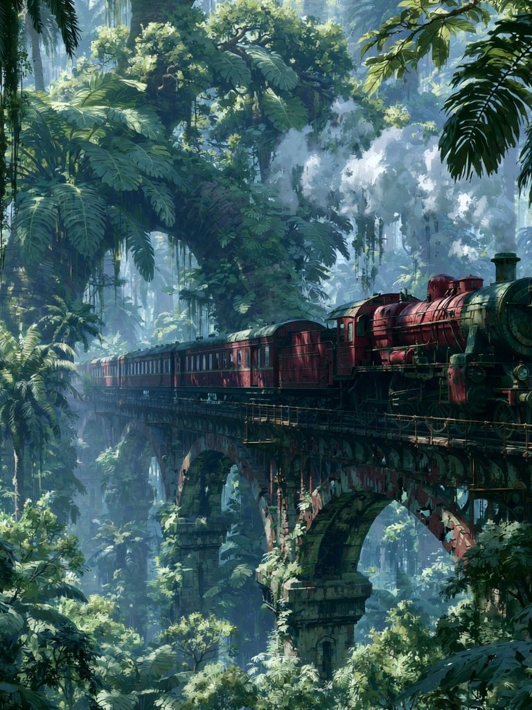 Jungle Steam Train Illustration Poster. poster detail