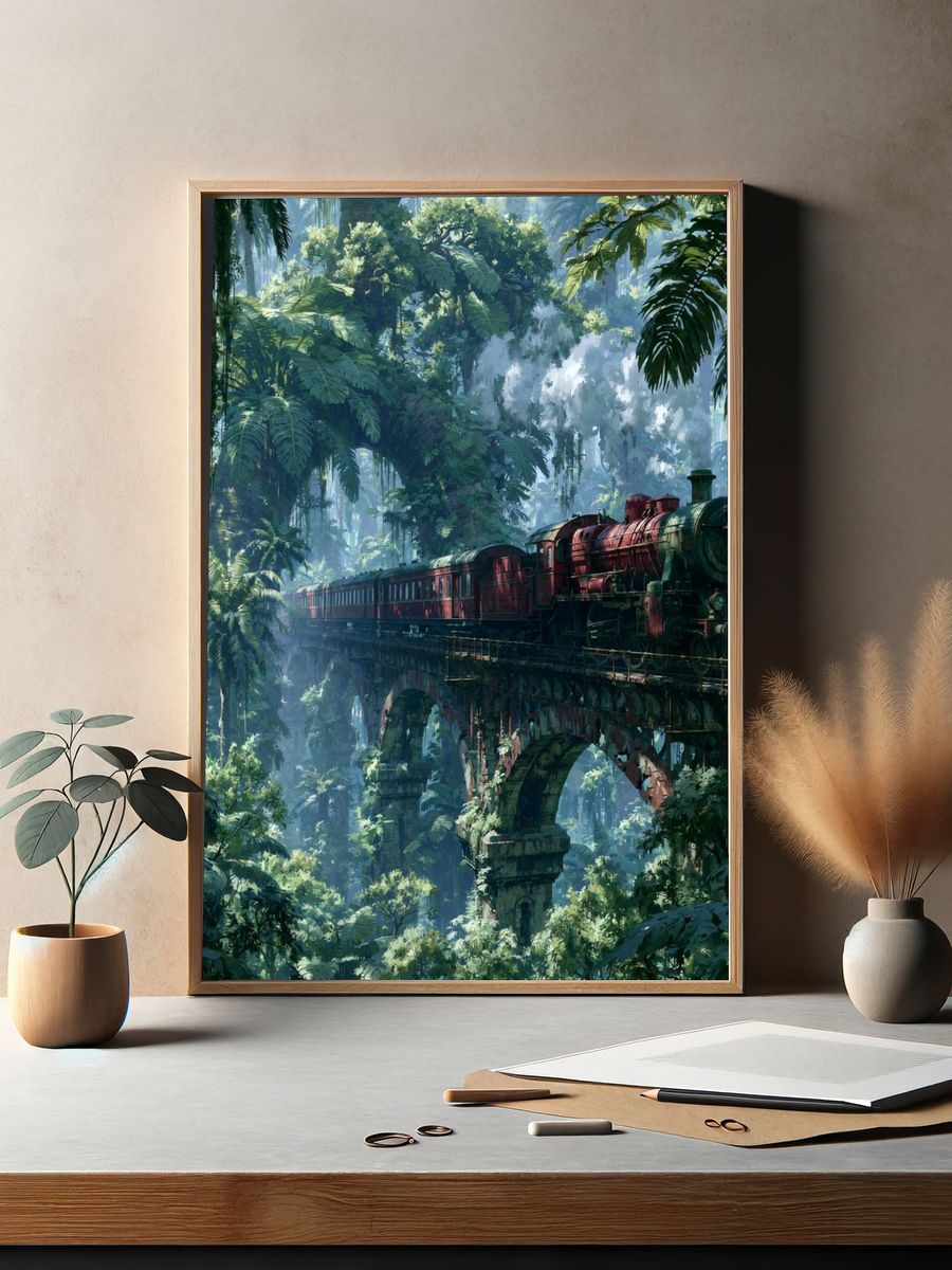 Jungle Steam Train Illustration Poster. — room view 2