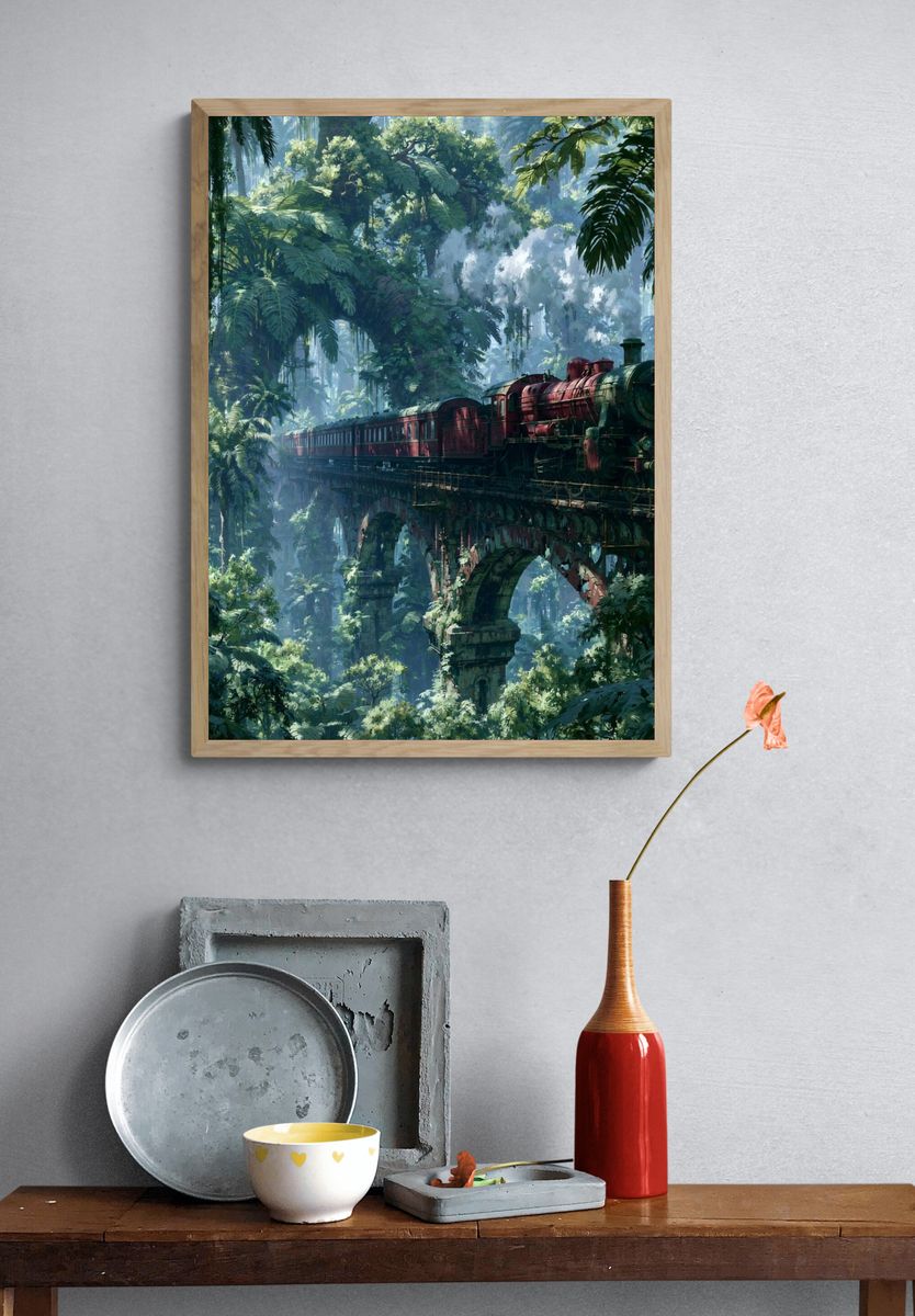 Jungle Steam Train Illustration Poster. — room view 3