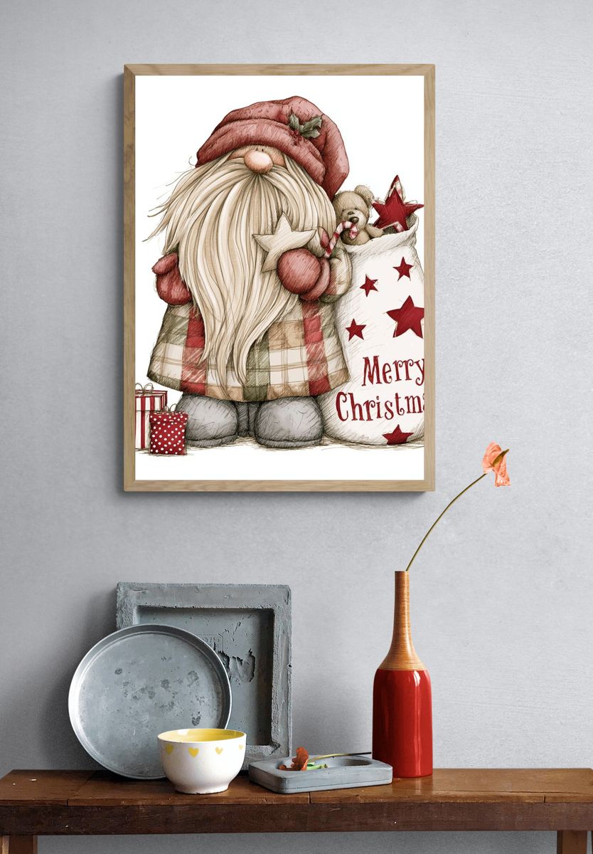 Merry Christmas Gnome Illustration Poster. — room view 3