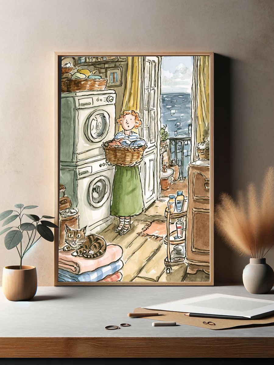 Laundry Room Cat Illustration Poster. — room view 2