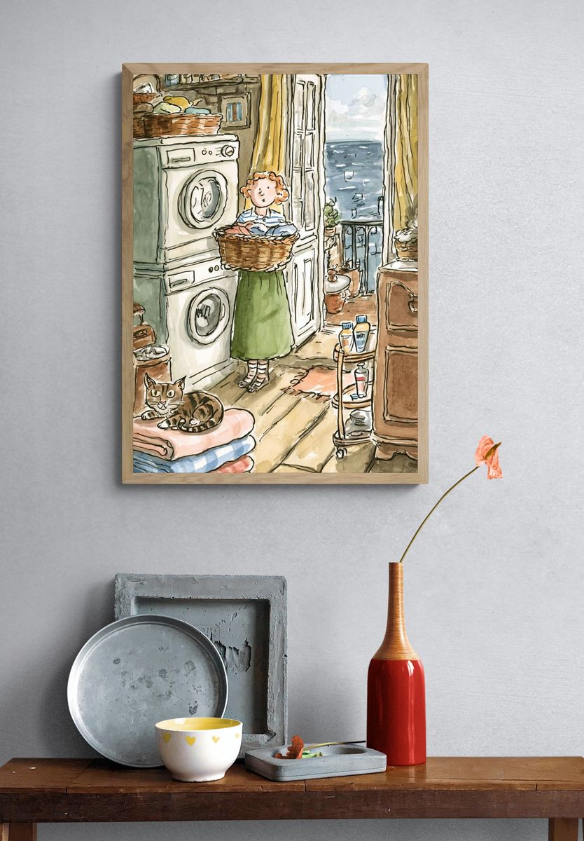 Laundry Room Cat Illustration Poster. — room view 3