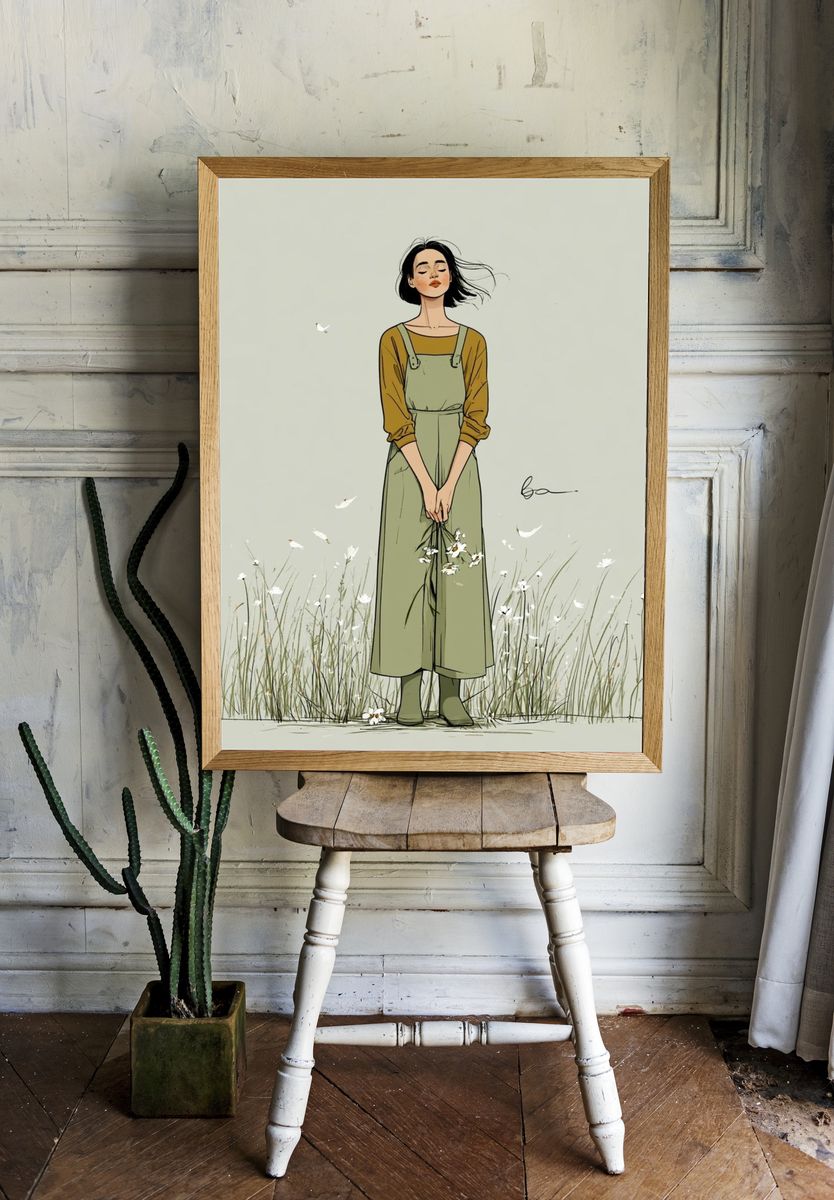 Girl in Meadow Illustration Poster. — room view 1