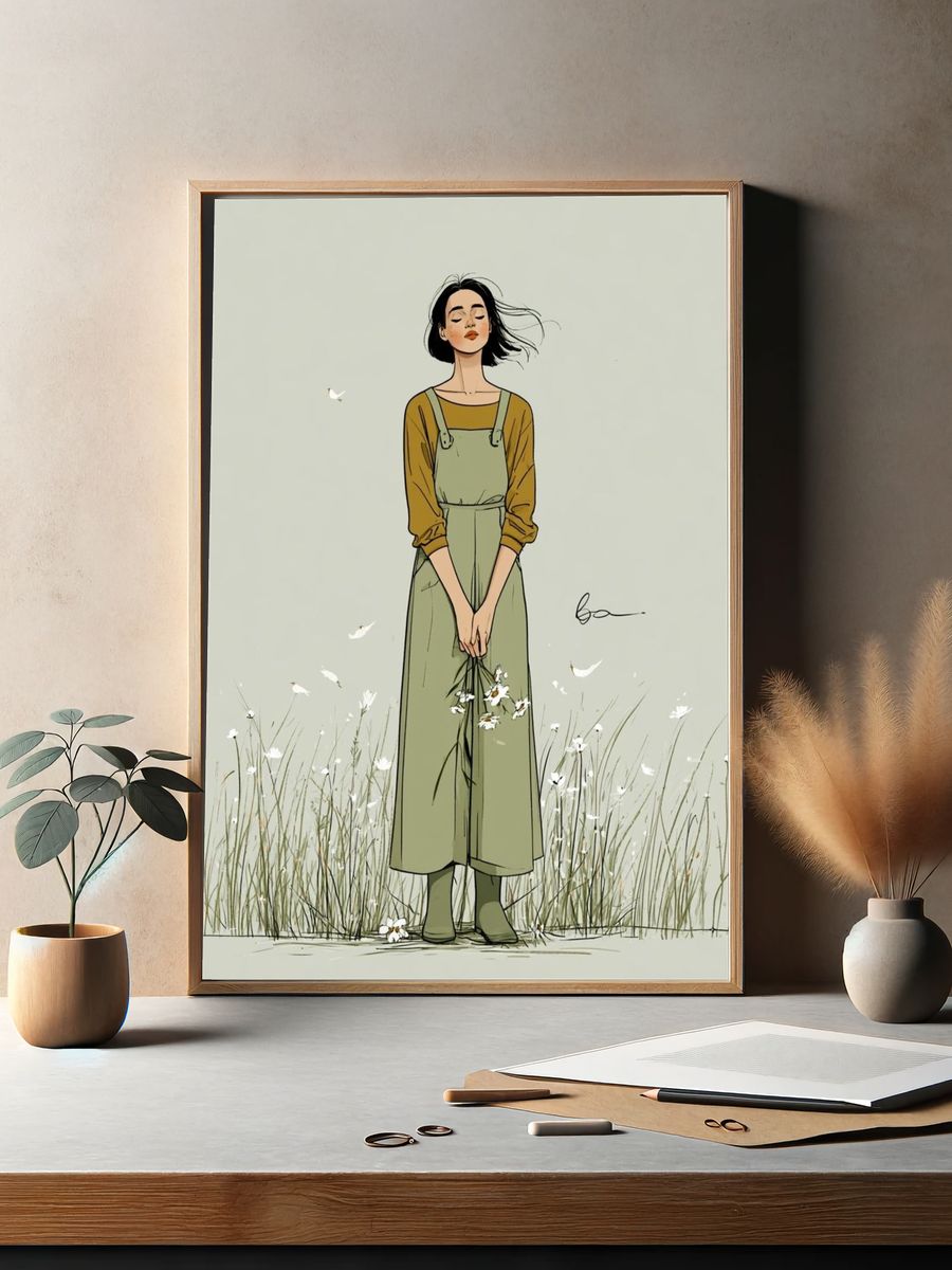 Girl in Meadow Illustration Poster. — room view 2