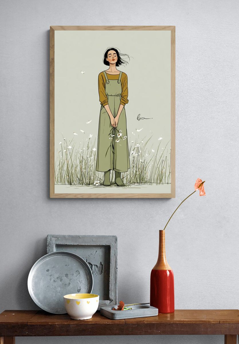Girl in Meadow Illustration Poster. — room view 3