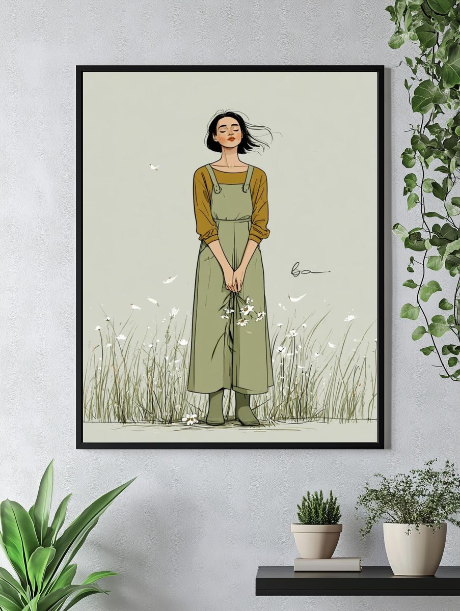 Girl in Meadow Illustration Poster. — room view 4