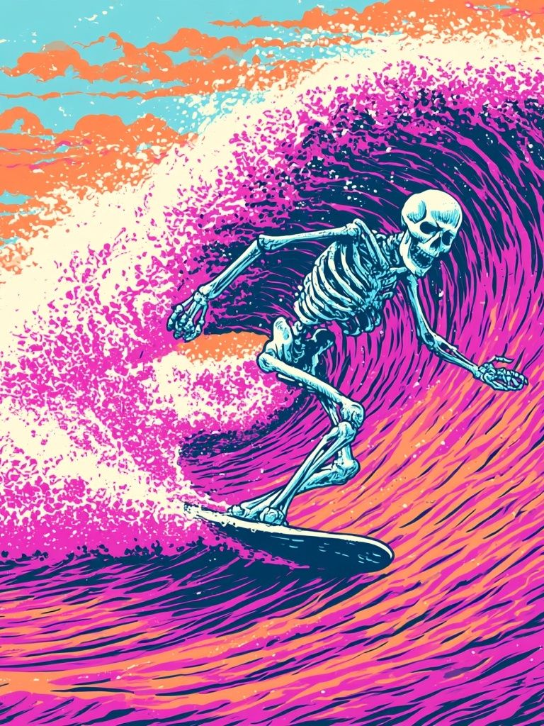 Skeleton Surfing Wave Illustration Poster. poster — illustration art