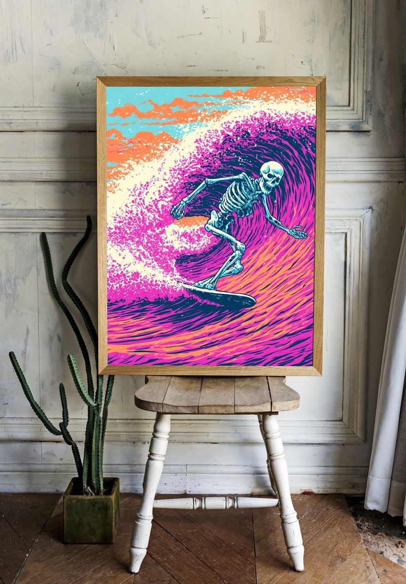 Skeleton Surfing Wave Illustration Poster. room preview