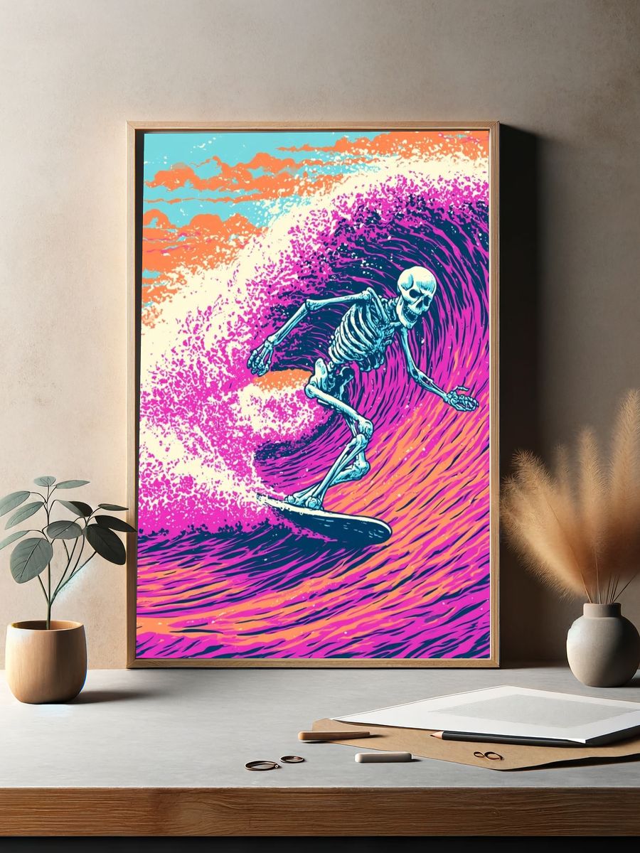 Skeleton Surfing Wave Illustration Poster. — room view 2