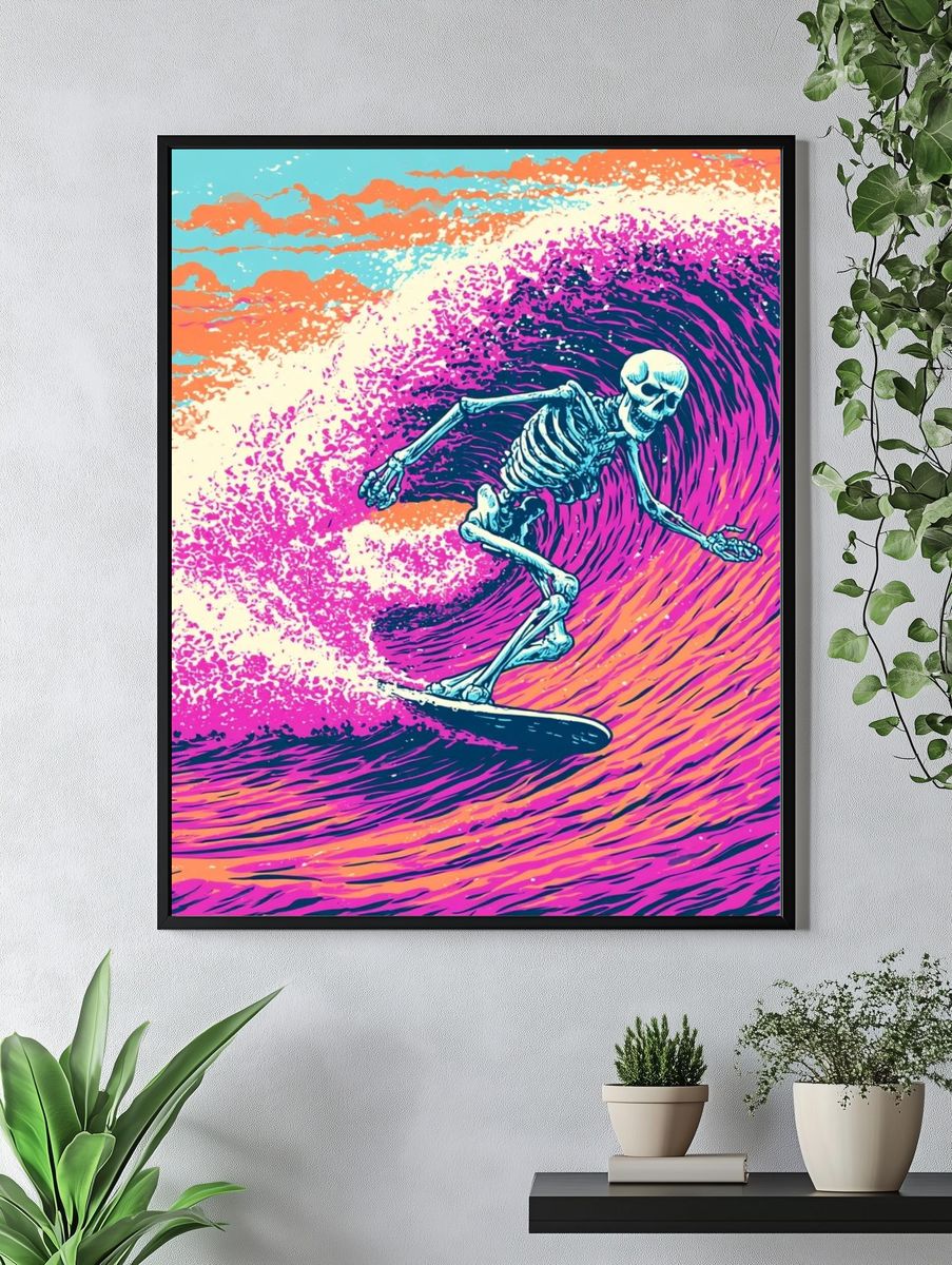 Skeleton Surfing Wave Illustration Poster. — room view 4