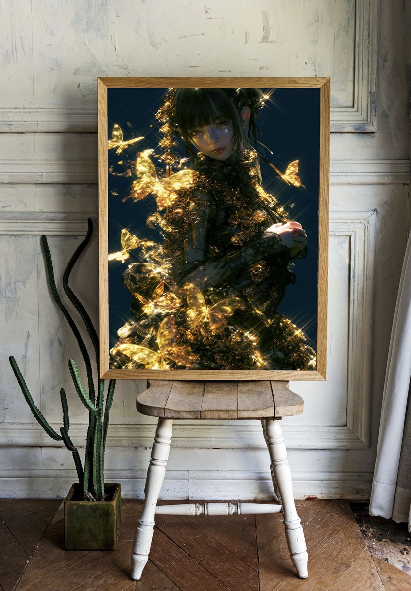 Golden Butterfly Girl Illustration Poster. — room view 1