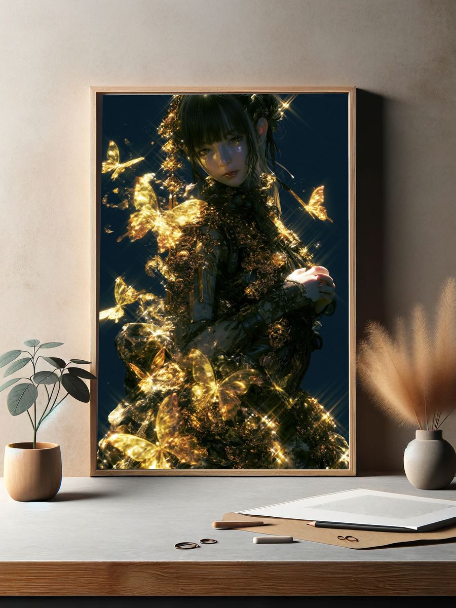Golden Butterfly Girl Illustration Poster. — room view 2