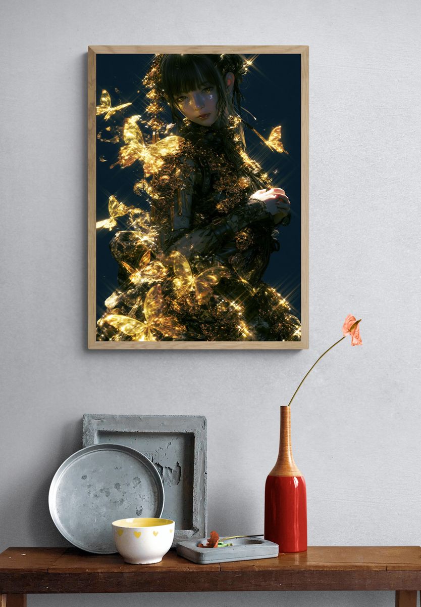 Golden Butterfly Girl Illustration Poster. — room view 3