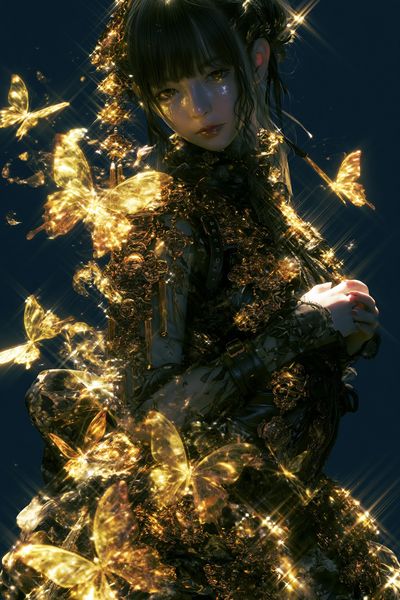 Golden Butterfly Girl Illustration Poster.