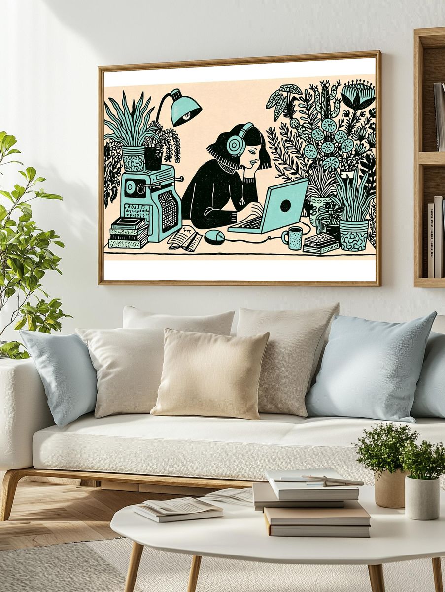 Plant Lover Workspace Illustration Poster. — room view 2