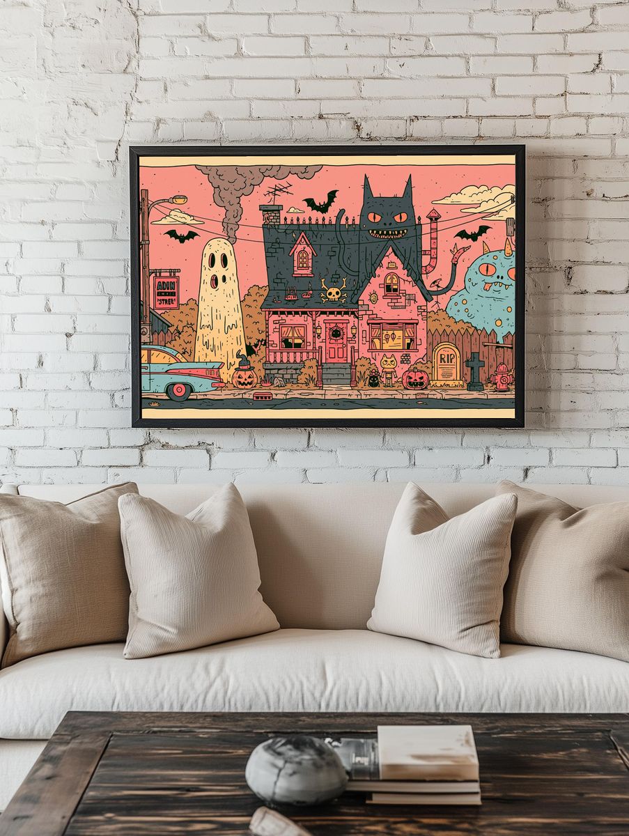 Spooky Monster House Illustration Poster. room preview