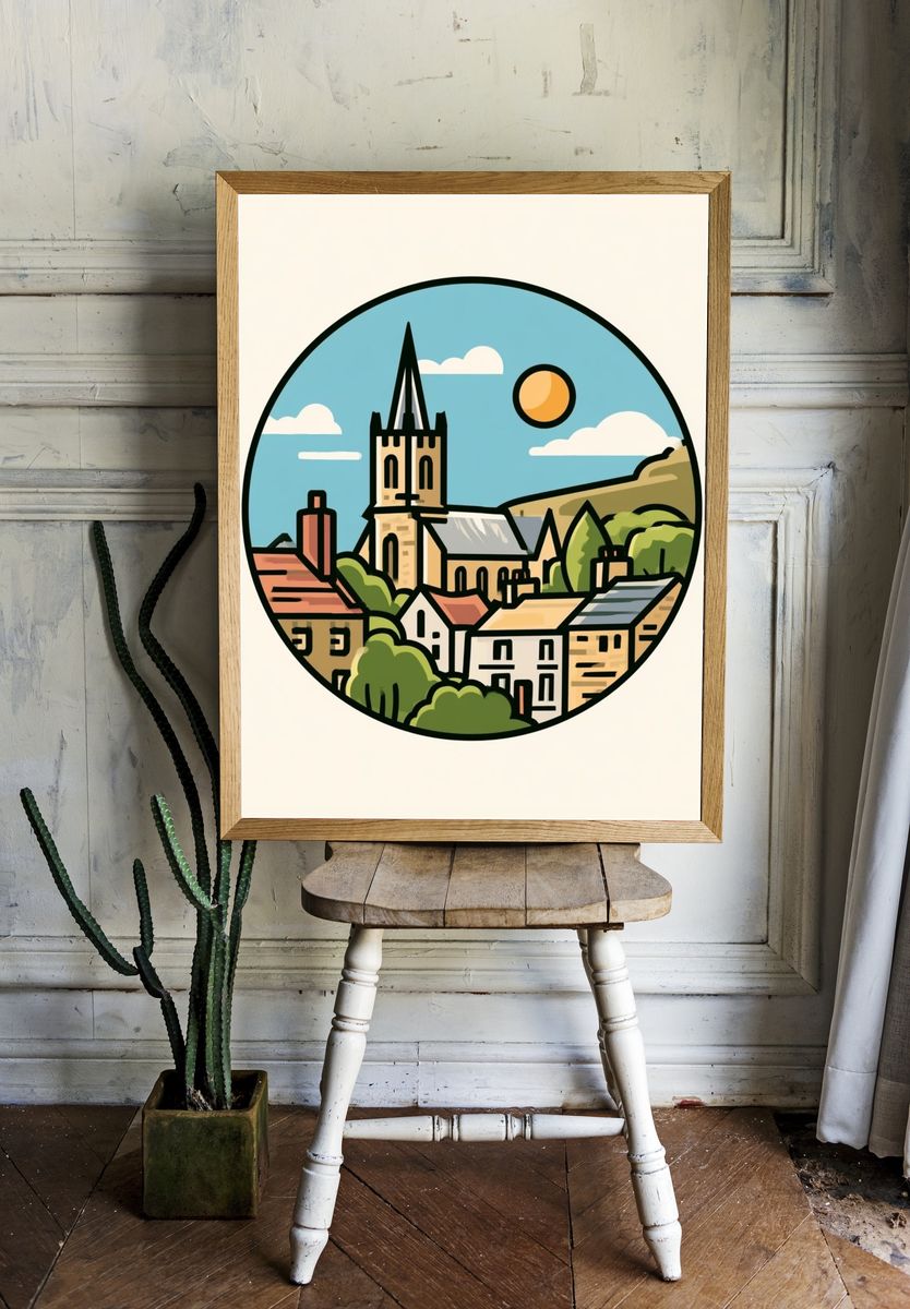Village Church Landscape Illustration Poster. room preview