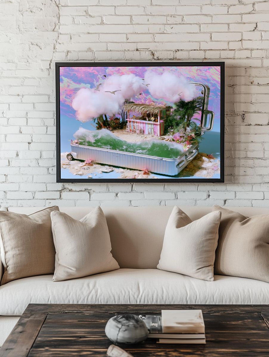 Dreamy Tropical Suitcase Island Poster. — room view 1