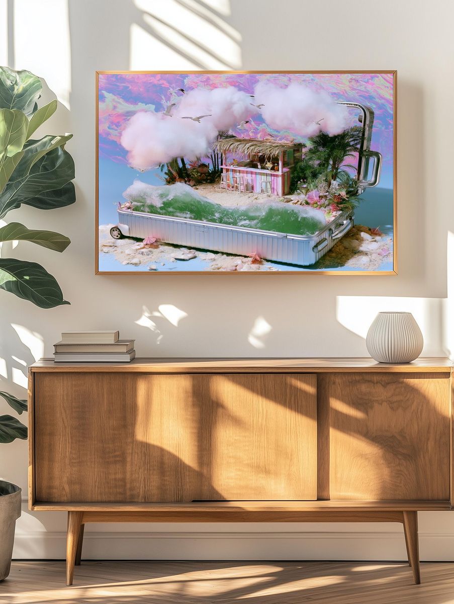Dreamy Tropical Suitcase Island Poster. — room view 3