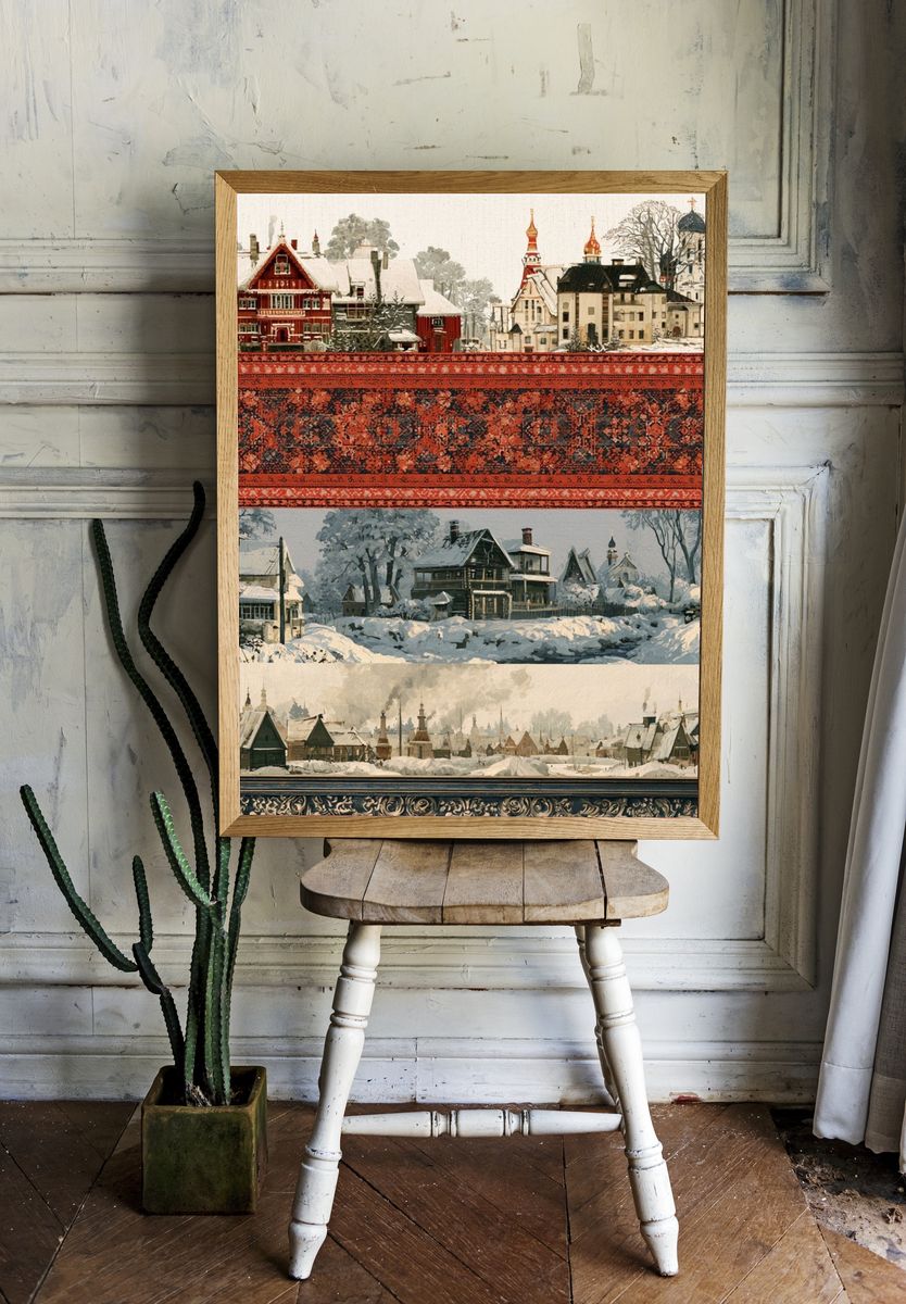 Snowy Village Landscape Print. room preview