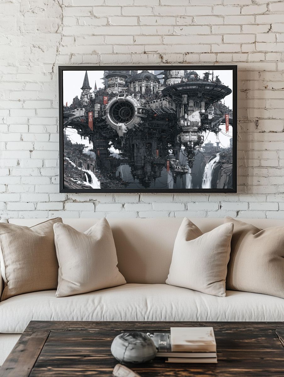 Floating Sci-Fi Citadel Illustration Poster. room preview