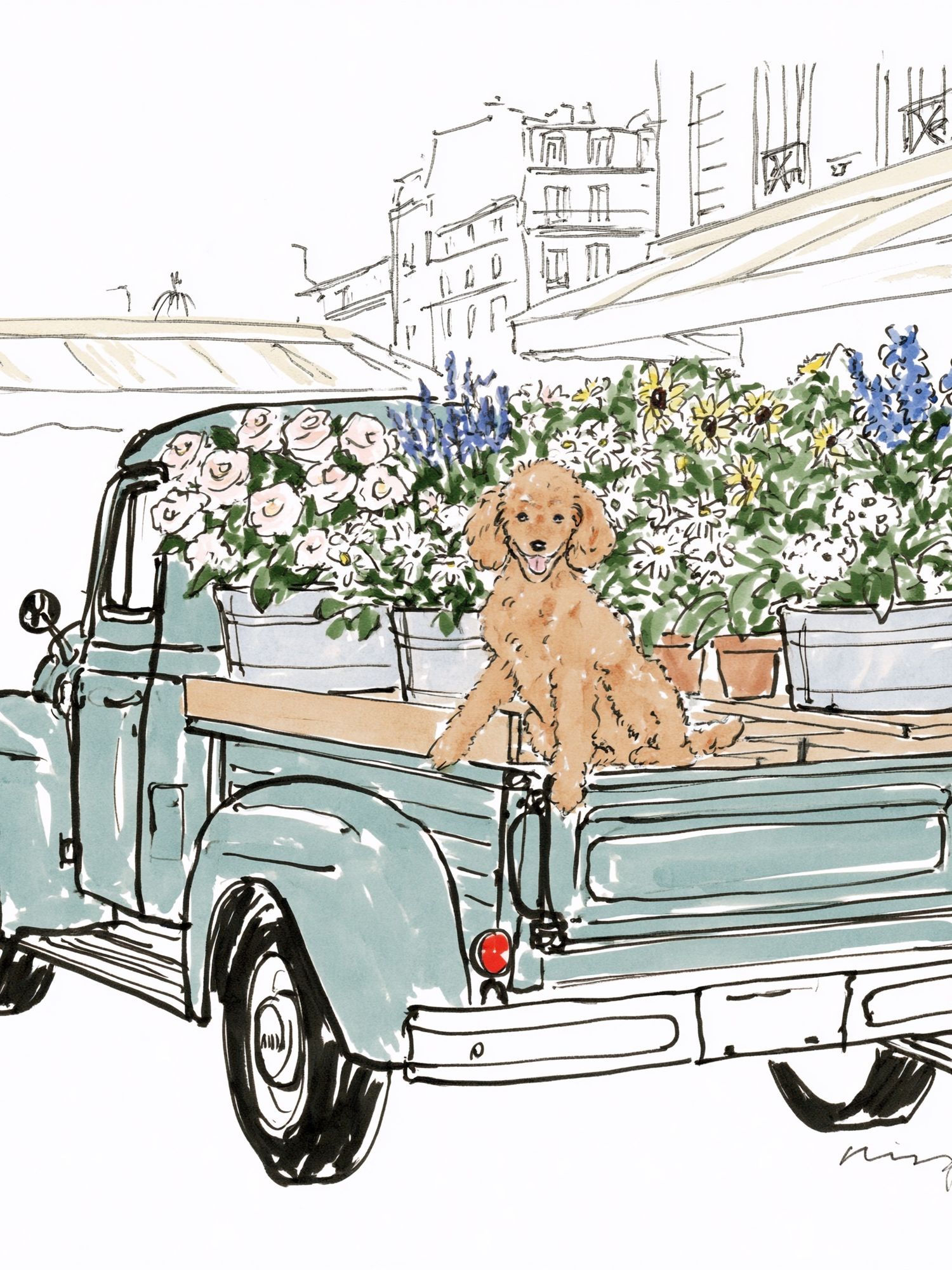Poodle Flower Truck Illustration Poster. poster detail