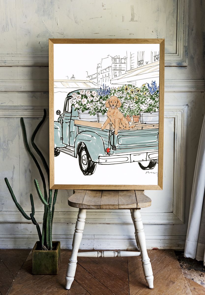 Poodle Flower Truck Illustration Poster. — room view 1