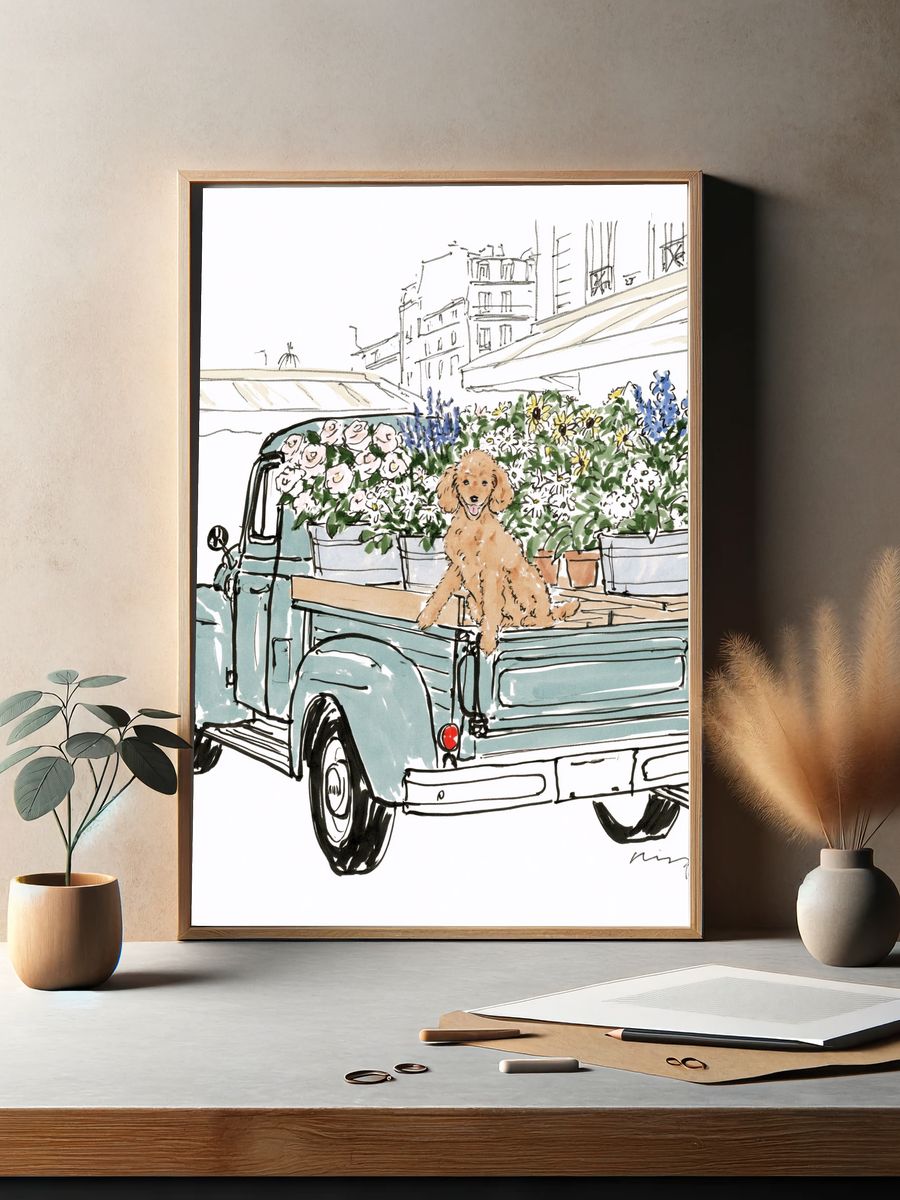 Poodle Flower Truck Illustration Poster. — room view 2