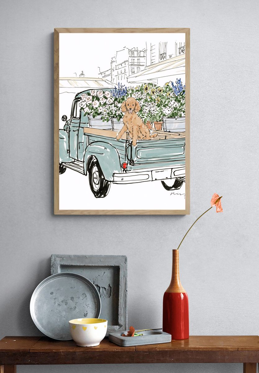 Poodle Flower Truck Illustration Poster. — room view 3
