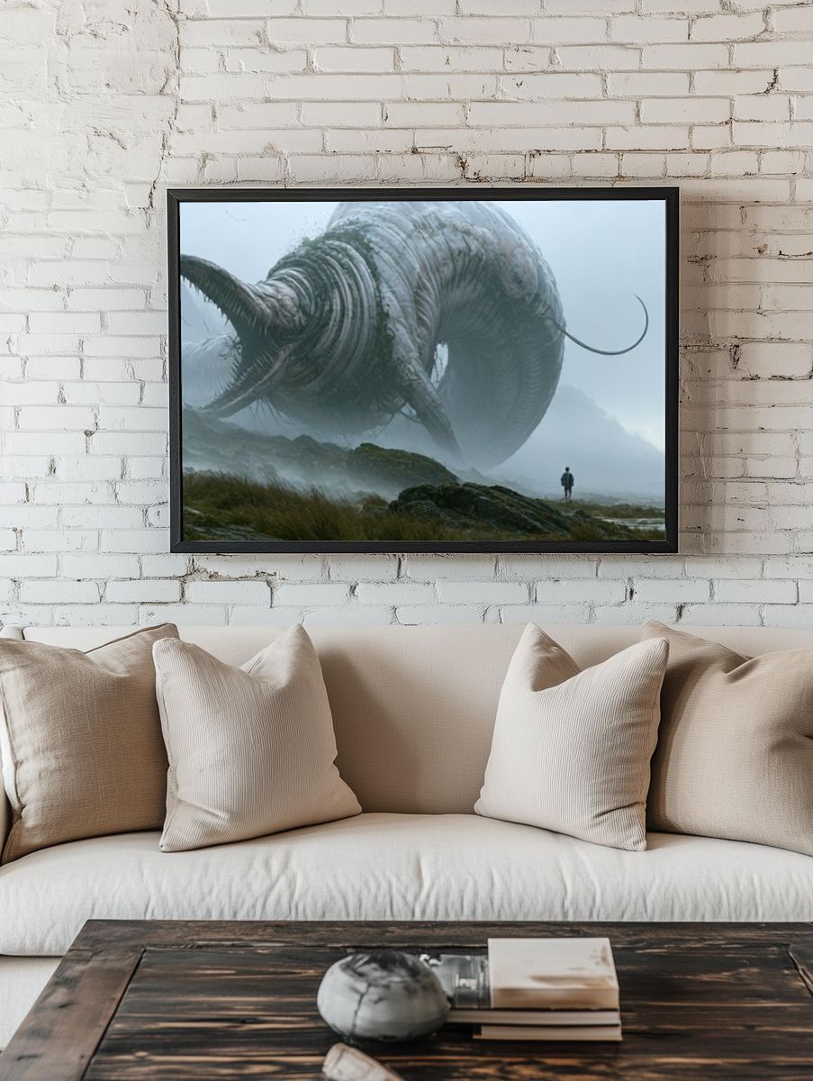 Surreal Giant Creature Landscape Print. room preview
