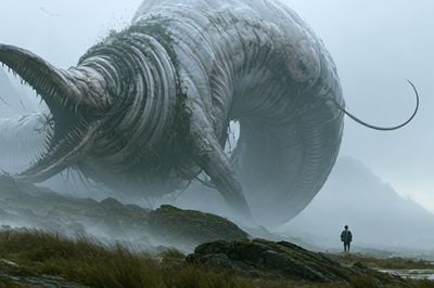 Surreal Giant Creature Landscape Print. poster