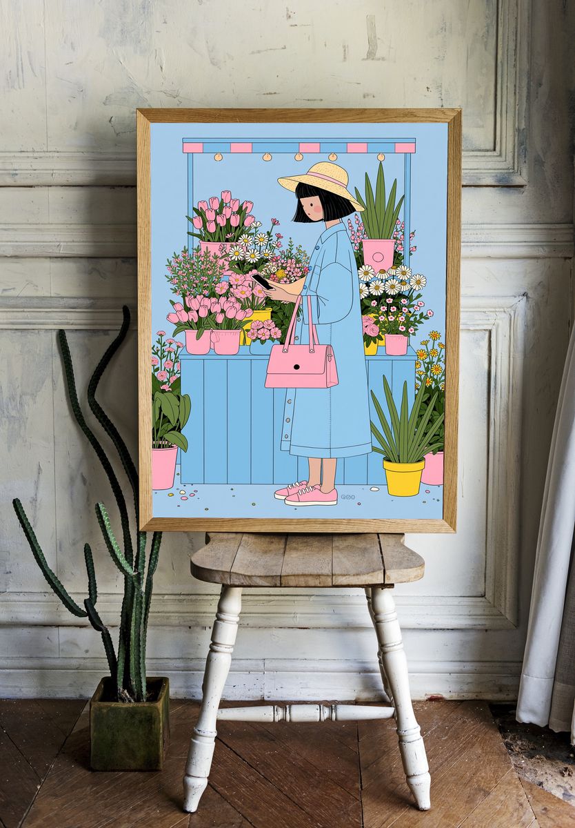 Flower Market Girl Illustration Poster. room preview