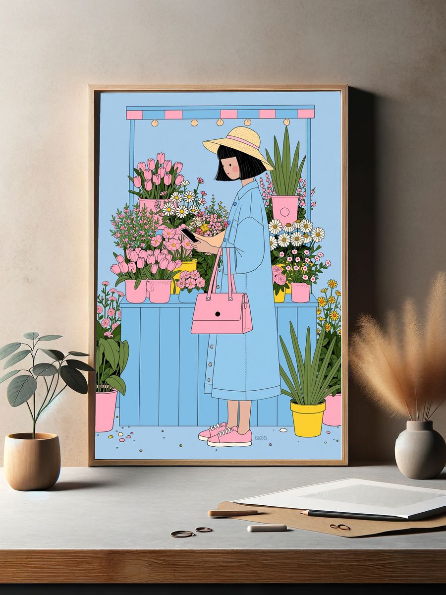 Flower Market Girl Illustration Poster. — room view 2