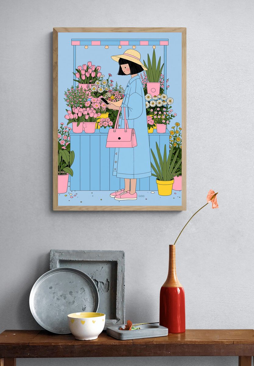Flower Market Girl Illustration Poster. — room view 3