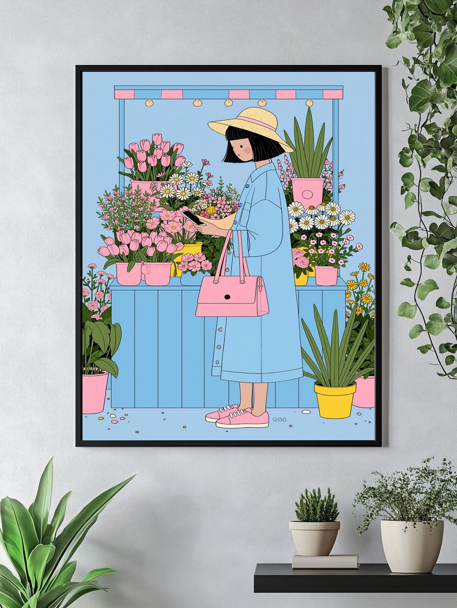 Flower Market Girl Illustration Poster. — room view 4
