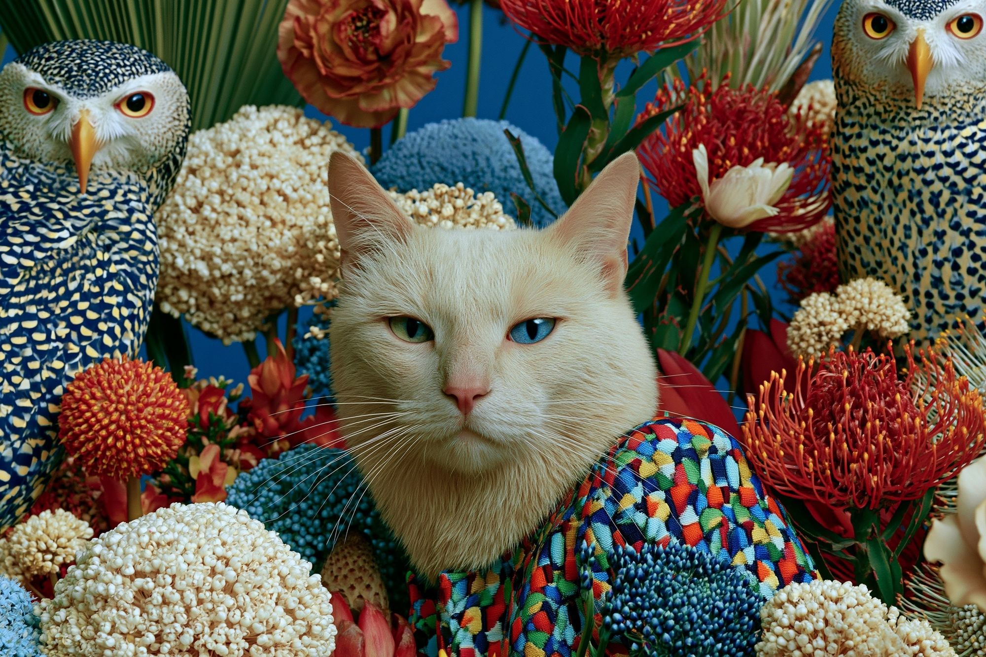 Surreal Cat and Owls Floral Poster. poster — illustration art