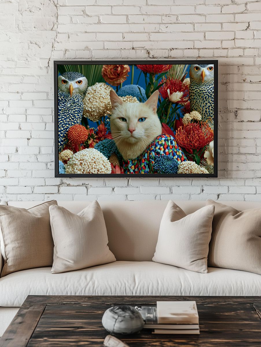 Surreal Cat and Owls Floral Poster. room preview