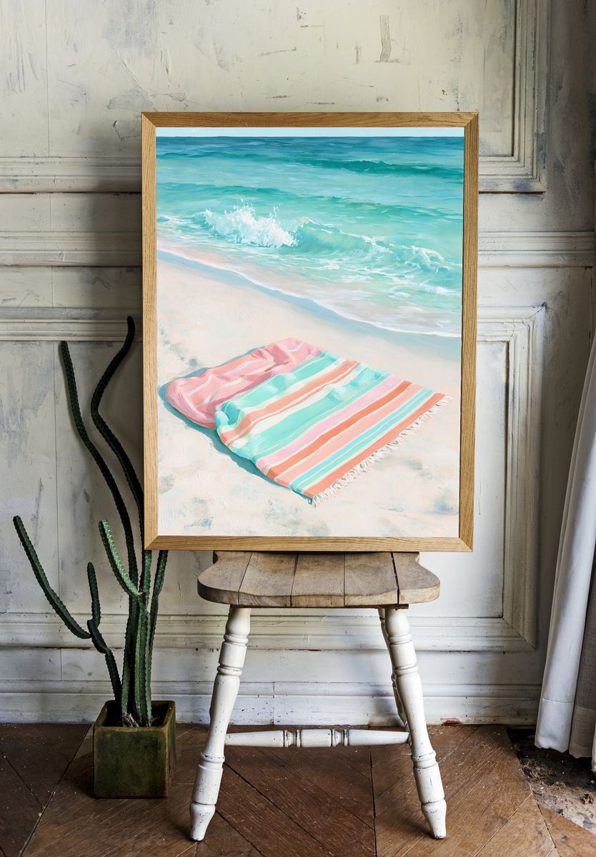 Pastel Beach Towel Seascape Print. room preview