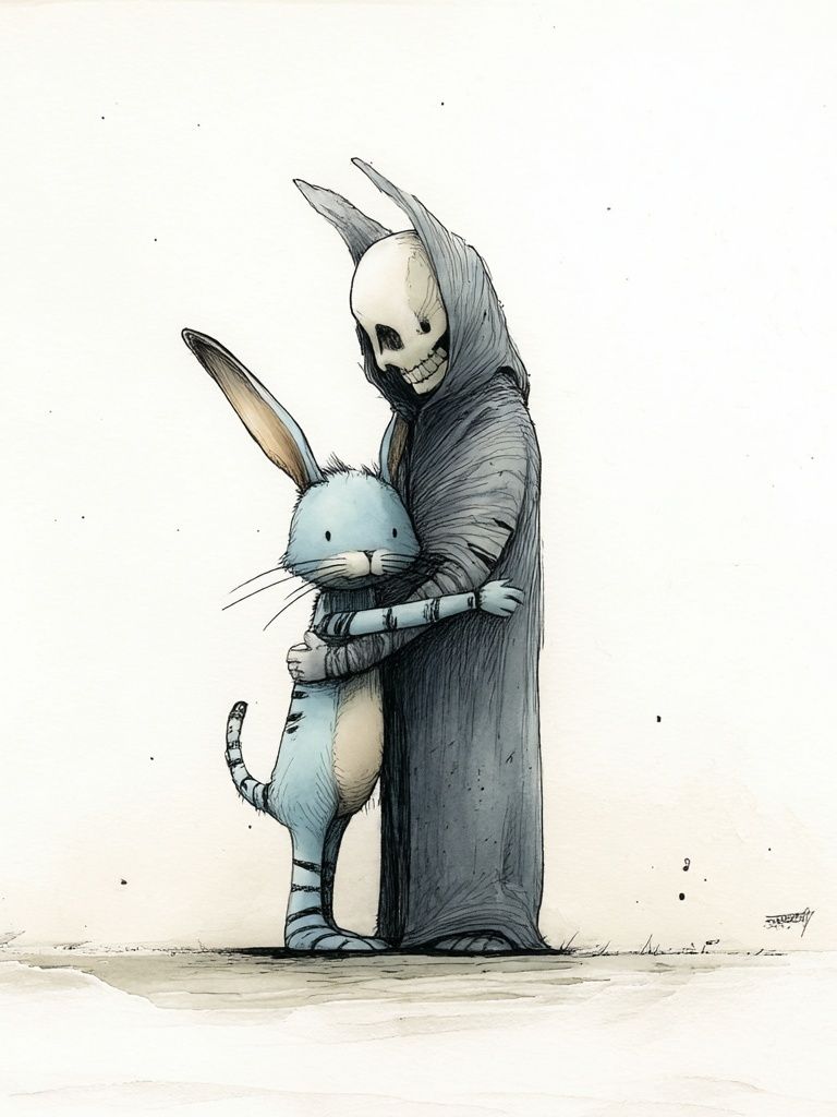 Skeleton Rabbit Hug Illustration Poster. poster — illustration art